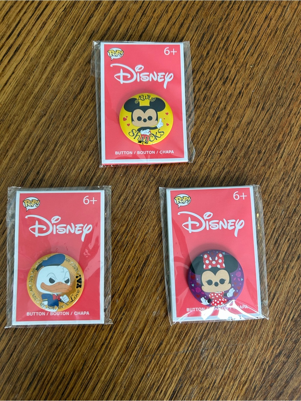 Disney Character Button Pin Set - Red Backing with Yellow, Black & Pink Accents